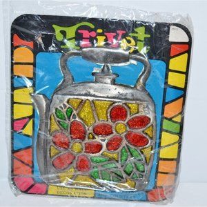 Vtg Kettle Tea Pot Shaped Cast Iron Trivet with Stained Glass Inserts Retro